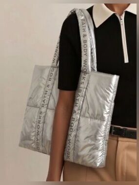 NWTBath & Body Works Metallic Silver Puffy Puffer Tote Bag, quilted shoulder bag